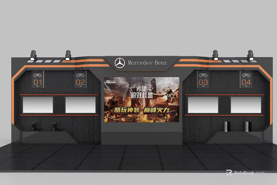 Modern Mercedes-Benz Exhibition Backdrop With Large Screen Numbered Display Slots And Lighting 3d model 