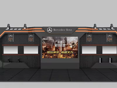 Modern Mercedes-Benz Exhibition Backdrop With Large Screen Numbered Display Slots And Lighting 3d model