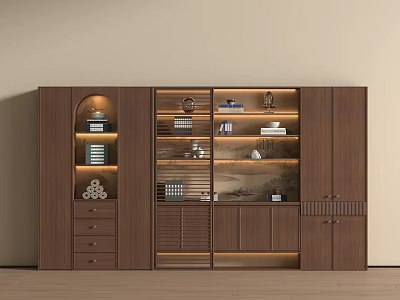 Modern Wooden Bookcase Interior With Built In Lighting Multiple Shelves And Decorative Items 3d model