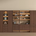 Modern Wooden Bookcase Interior With Built In Lighting Multiple Shelves And Decorative Items