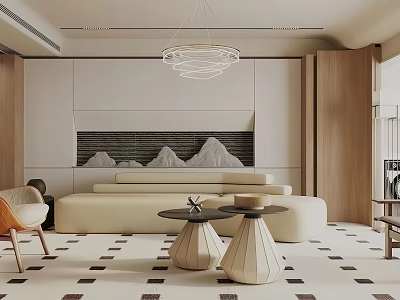 Modern Living Room Interior With Beige Sofa Geometric Coffee Tables And Mountain Wall Art 3d model