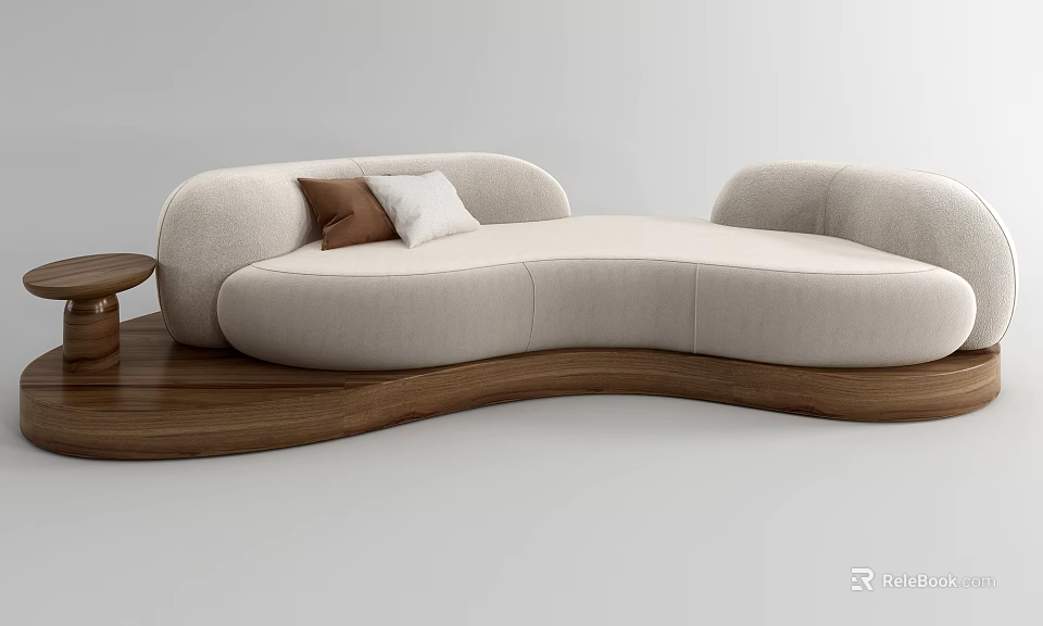 Beige Irregular Shaped Sofa Curved Design With Wooden Floor And Decorative Pillows 3d model 