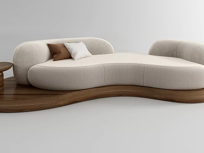 Beige Irregular Shaped Sofa Curved Design With Wooden Floor And Decorative Pillows 3d model
