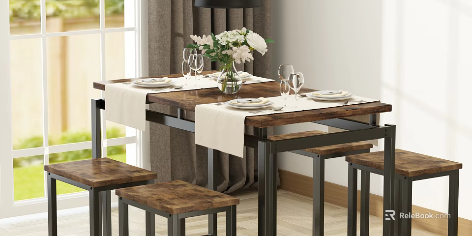 Cozy Restaurant Dining Table With White Placemats Vase White Flowers Wine Glasses And Wooden Stools 3d model 