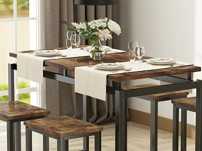 Cozy Restaurant Dining Table With White Placemats Vase White Flowers Wine Glasses And Wooden Stools 3d model