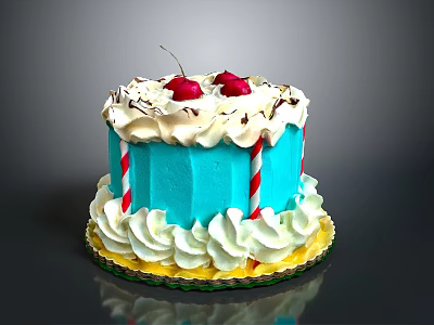 Blue Cake With Whipped Cream Chocolate Sprinkles Cherries And Striped Candy Sticks On Yellow Base 3d model