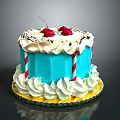 Blue Cake With Whipped Cream Chocolate Sprinkles Cherries And Striped Candy Sticks On Yellow Base