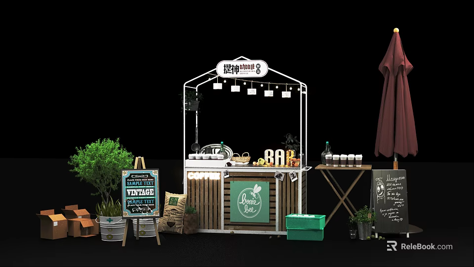 Fresh Juice Stand With Signboard Green Plants Chalkboard Menu Red Umbrella And Green Boxes 3d model 