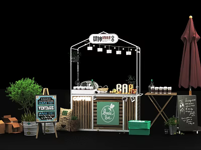 Fresh Juice Stand With Signboard Green Plants Chalkboard Menu Red Umbrella And Green Boxes 3d model
