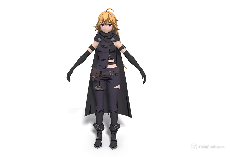 Blonde Haired Anime Character In Black Outfit With Cloak Gloves And Boots 3d model 