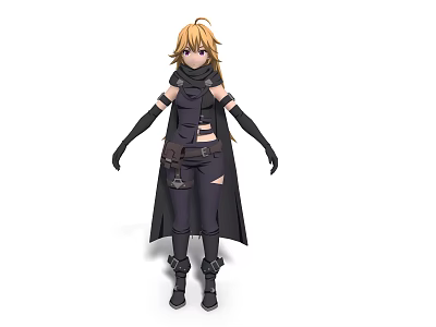 Blonde Haired Anime Character In Black Outfit With Cloak Gloves And Boots 3d model