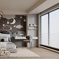 Kids Room Interior With Starry Theme Moon Stars Cloud Decor Cozy Bed Desk And Tricycle