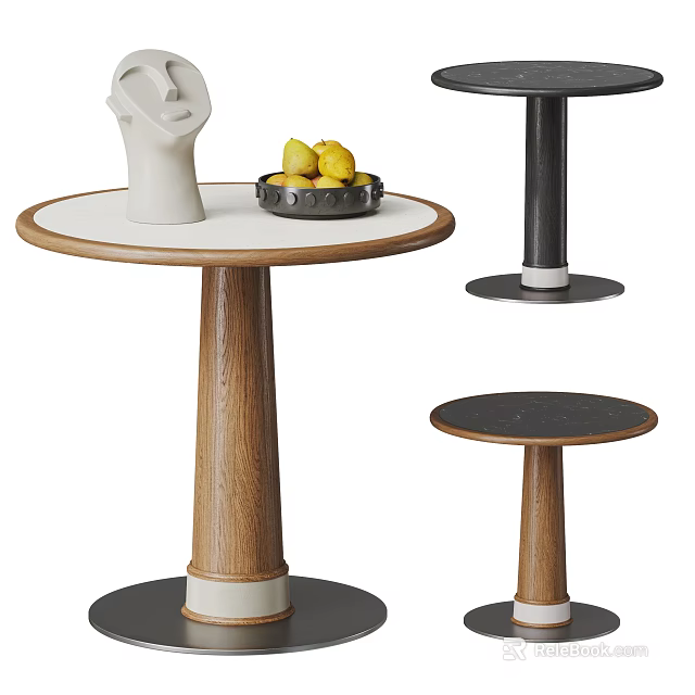 Modern Wooden And Black Side Tables With Round Tabletop Sculpture And Pears 3d model 