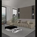 Modern Living Room With Beige Tufted Sofa Black Cushions Marble Coffee Table And Accent Wall