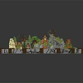 Detailed Colorful Cartoon Scene With Round Design Houses Trees Water Boats And Stone Border