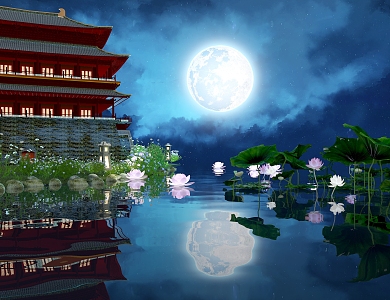 Lotus Pond Moonlight Full Moon Lotus Pond Mid-Autumn Ancient Architecture Lotus 3d model