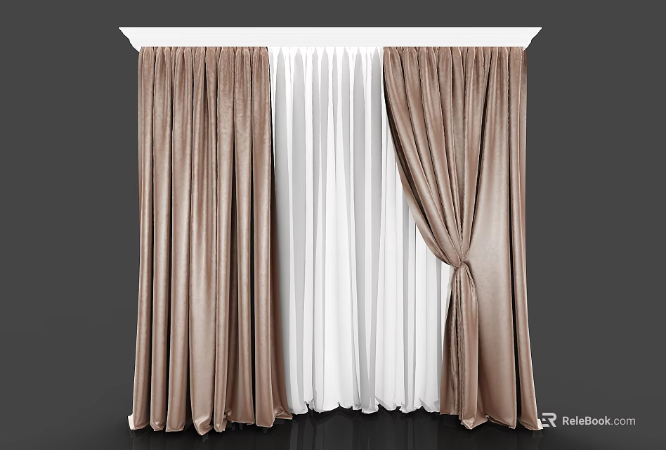 Brown And White Layered Curtains With Sheer Panel And Soft Fabric Texture 3d model
