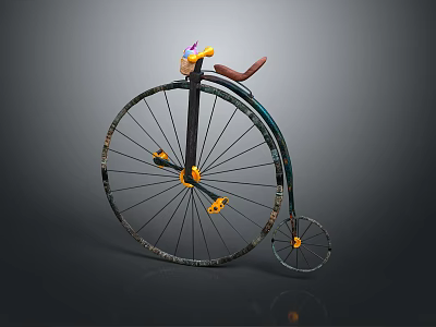 Vintage Penny Farthing Bicycle With Large Front Small Rear Wheels Brown Leather Saddle Yellow Pedals 3d model