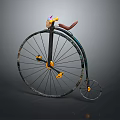 Vintage Penny Farthing Bicycle With Large Front Small Rear Wheels Brown Leather Saddle Yellow Pedals