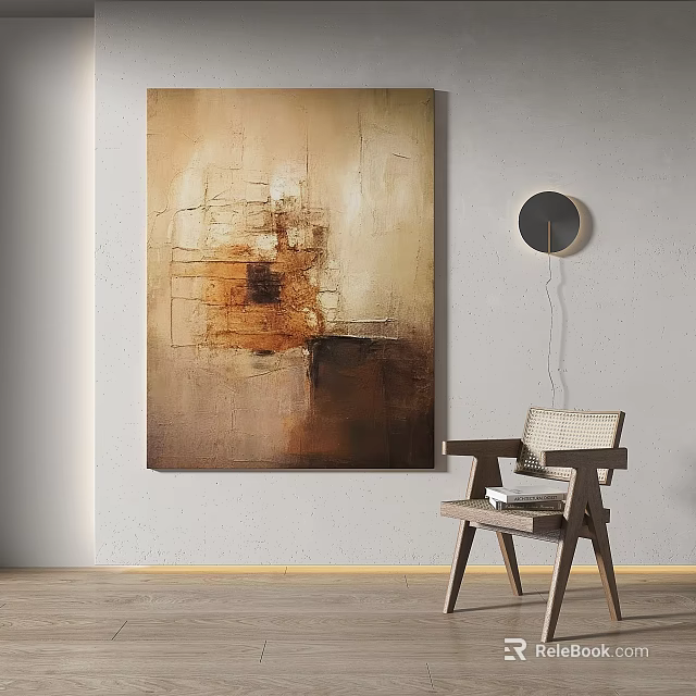 Abstract Painting With Warm Tones Textured Canvas Interior Decor With Wooden Chair And Circular Mirror 3d model 