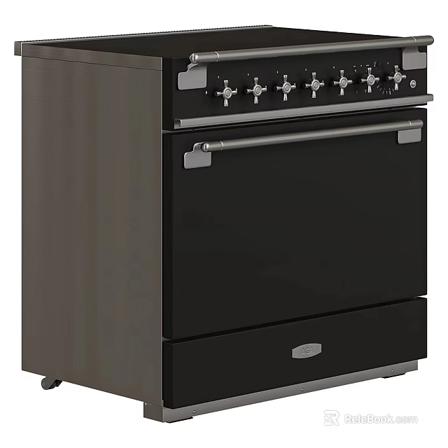 Black Modern Kitchen Stove With Multiple Knobs And Drawer Design 3d model 