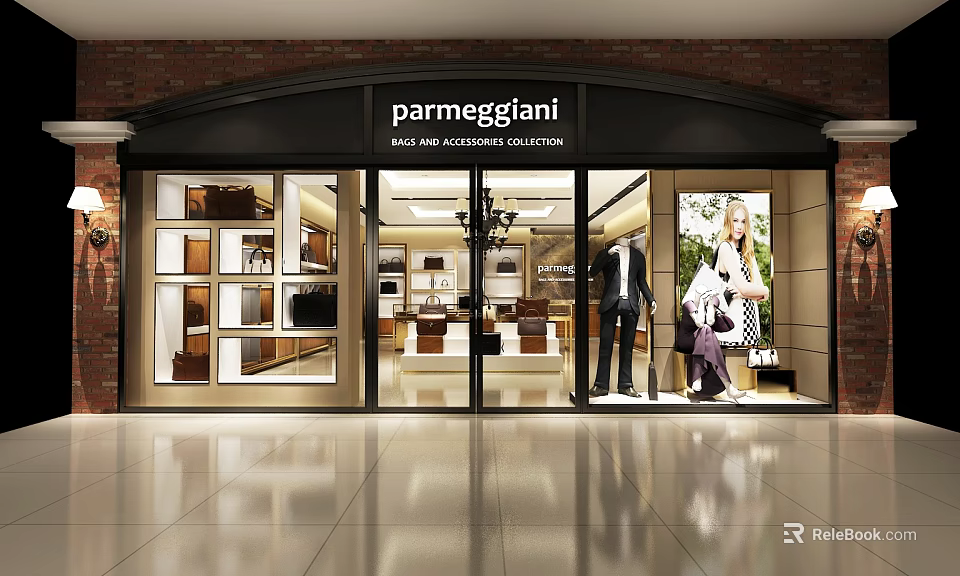 Parmeggiani Bags And Accessories Collection Store With Glass Doors Display Windows And Fashion Items 3d model 