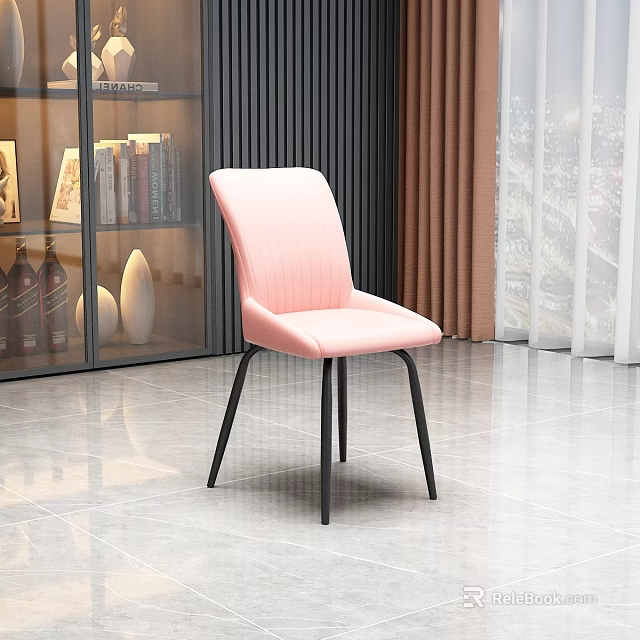 Modern Pink Dining Chair With Striped Backrest Padded Seat And Black Metal Legs 3d model 