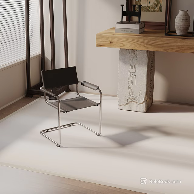 Black Office Chair with Metal Frame and Wooden Desk in Light Room Window Blinds 3d model 