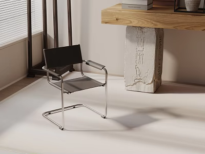 Black Office Chair with Metal Frame and Wooden Desk in Light Room Window Blinds 3d model