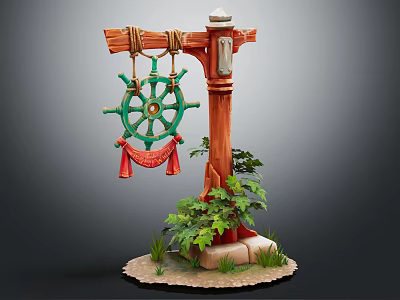 Decorative Ornament Set With Wood Pole Green Ship Wheel Red Tassels Plants And Greenery On Stone Base 3d model