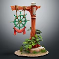 Decorative Ornament Set With Wood Pole Green Ship Wheel Red Tassels Plants And Greenery On Stone Base
