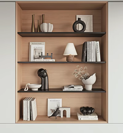 Decorative Ornament Set with Vases Books Lamp Sculpture and Plants on Wooden Shelf 3d model