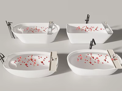 Stylish White Bathtubs Filled With Rose Petals In Various Designs 3d model