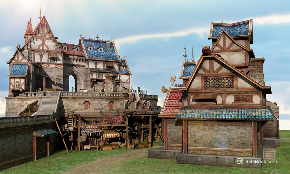 Cartoon Medieval Village Scene With Colorful Rooftops Wooden Buildings And Green Grass 3d model 