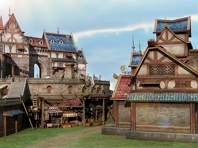 Cartoon Medieval Village Scene With Colorful Rooftops Wooden Buildings And Green Grass 3d model