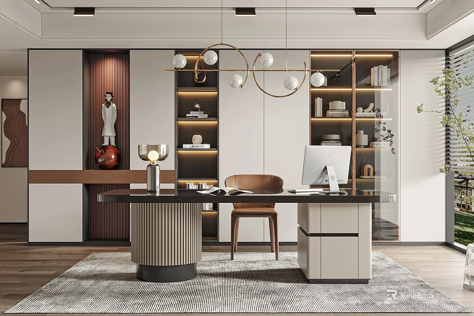 Modern Study Room Interior Design With Wooden Desk Chair And Bookshelf Lighting 3d model 