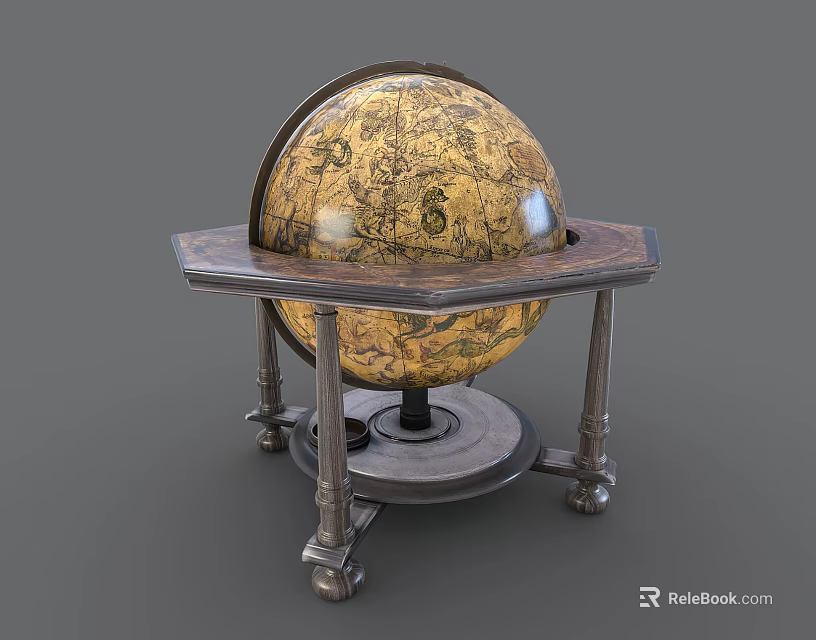 Vintage Globe Decorative Ornament Set With Wooden Base And Metal Stand 3d model 