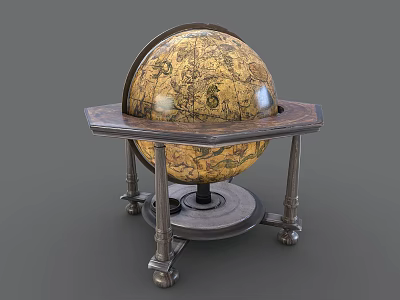 Vintage Globe Decorative Ornament Set With Wooden Base And Metal Stand 3d model