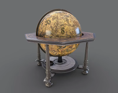 Vintage Globe Decorative Ornament Set With Wooden Base And Metal Stand 3d model