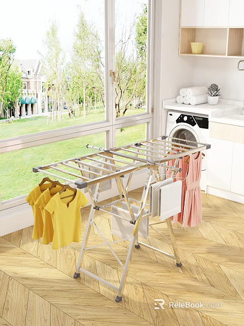 Indoor Metal Clothes Drying Rack With Yellow T shirts Pink Dress And Washing Machine 3d model 