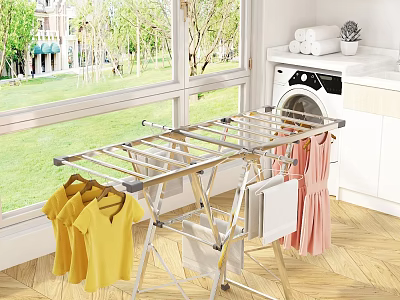 Indoor Metal Clothes Drying Rack With Yellow T shirts Pink Dress And Washing Machine 3d model