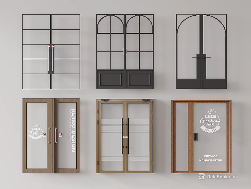 Various Design Double Doors With Wooden Metal Frames Glass Panels And Arch Shapes 3d model 