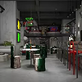 Modern Bar Interior Design With Wooden Shelves Wine Bottles Stone Counter And Green Chairs