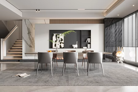 Modern Restaurant Dining Table and Chair Floor Lamp Wall Cream Dining Room Cabinet 3d model