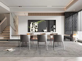Modern Restaurant Dining Table and Chair Floor Lamp Wall Cream Dining Room Cabinet 3d model