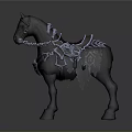 Black Horse With Blue Glowing Decorations Intricate Saddle Patterns And Glowing Hooves