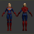 Superhero Character Front And Back Views With Blue Bodysuit Red Cape Gloves And Boots