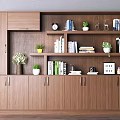 Wooden Modern Bookcase With Open Shelves Books Potted Plants And Decorative Figurines