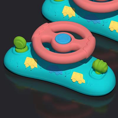 Kids Steering Wheel Toy With Blue Base Pink Rim Green Buttons And Yellow Car Patterns 3d model