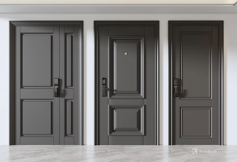 Three Dark Security Doors With Modern Lock Handle And Panel Design In Interior 3d model 